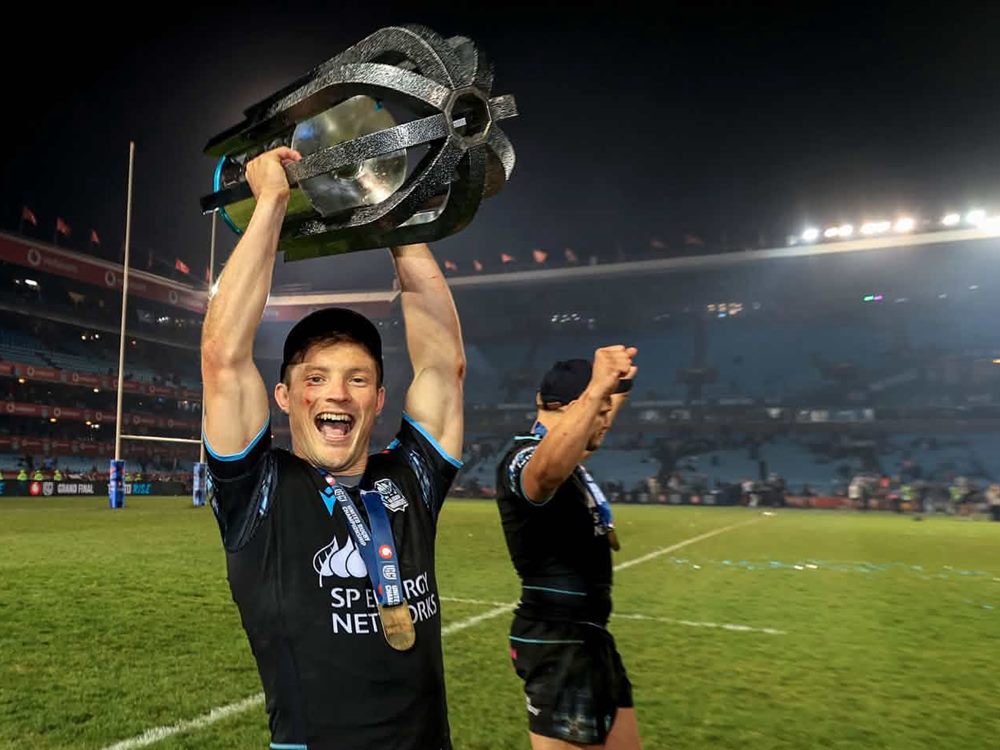 George Horne lifting the United Rugby Championship trophy